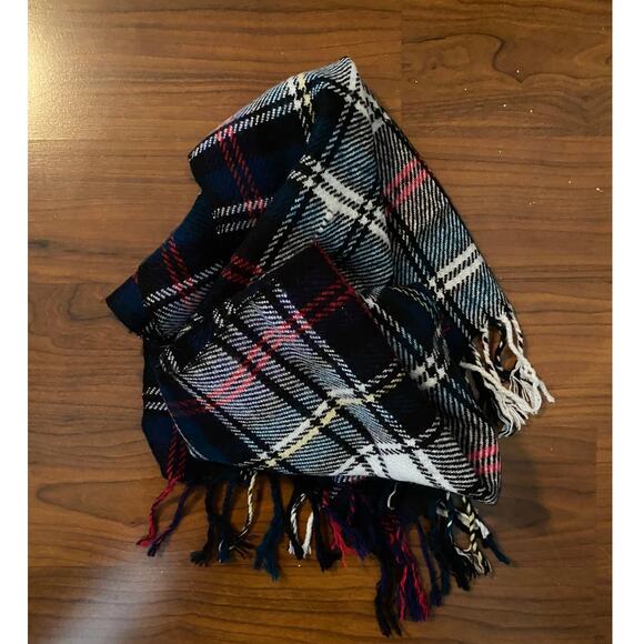 Plaid Rectangle Scarf with Fringe Blue Red White Yellow Approximately 12" x 54" - Picture 4 of 7
